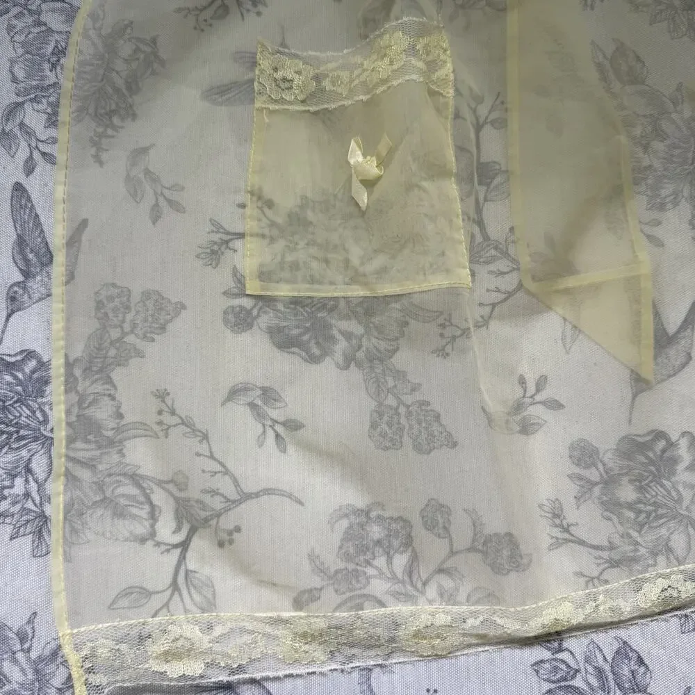 Vtg Hostess Half Apron Sheer Yellow MCM 50s Pocket Retro Tie Trad Cottage Lace